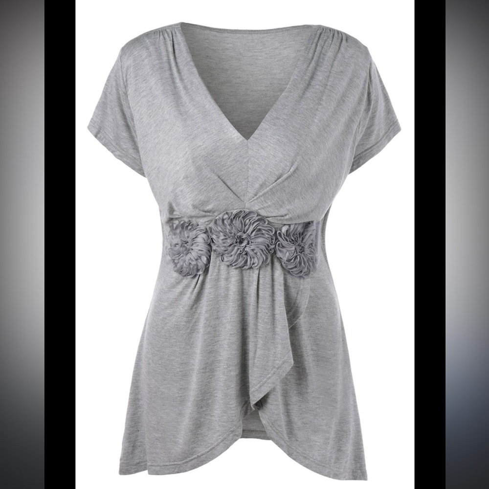 Gray Knit V Neck Short Sleeve Empire Waist Rosette Detail Top